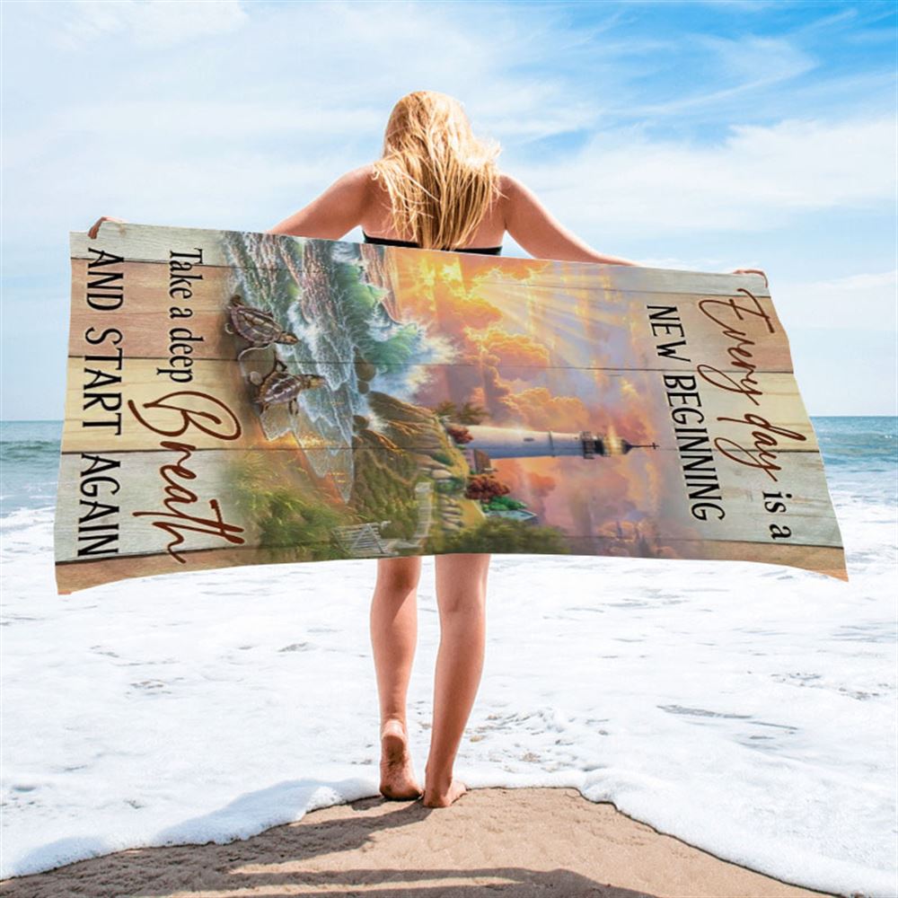 Amazing Sunset, Lighthouse, Every Day Is New Beginning Beach Towel, Christian Beach Towel, Christian Gift, Gift For Women