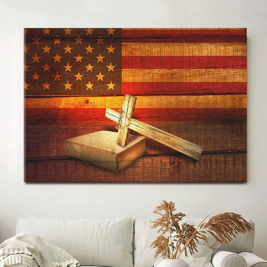 American Flag With Cross Holy Bible Canvas Print - Christian Wall Art - Christian Wall Decor