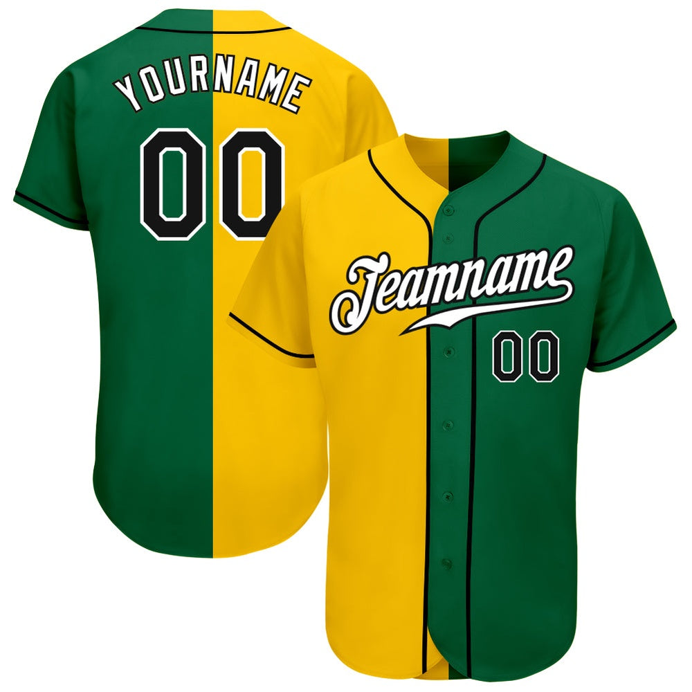 American Baseball Jersey, Custom Kelly Green Black Yellow Authentic Split Fashion Baseball Jersey, Baseball Jersey Name