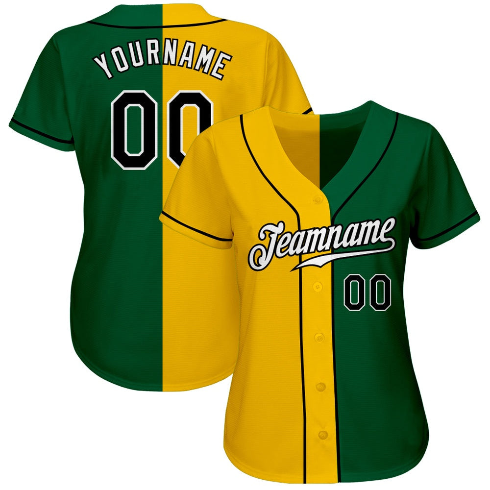 American Baseball Jersey, Custom Kelly Green Black Yellow Authentic Split Fashion Baseball Jersey, Baseball Jersey Name