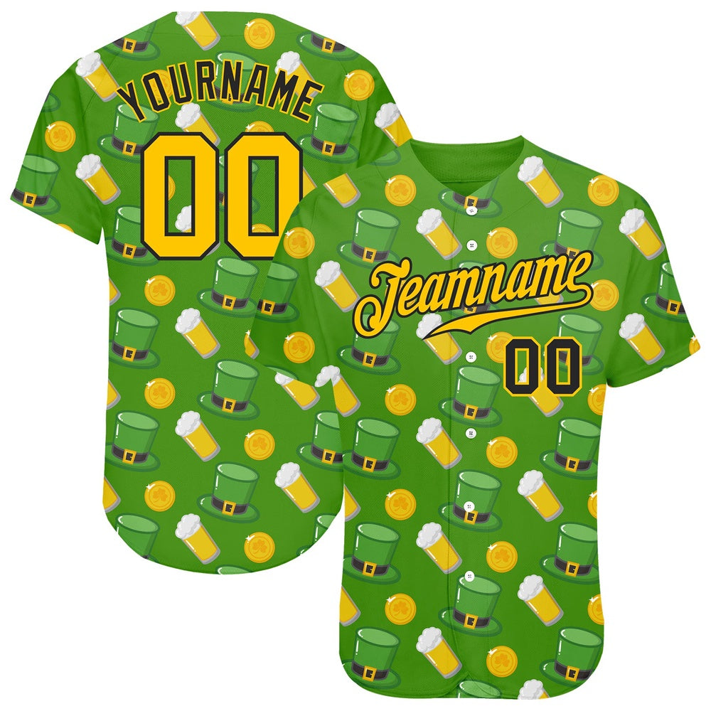 American Baseball Jersey, Custom Kelly Green Gold Black 3D Pattern Design Authentic St Patrick's Day Baseball Jersey