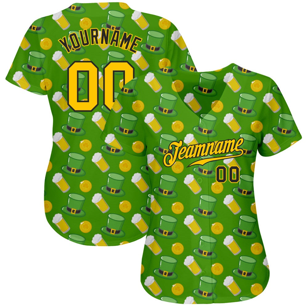 American Baseball Jersey, Custom Kelly Green Gold Black 3D Pattern Design Authentic St Patrick's Day Baseball Jersey
