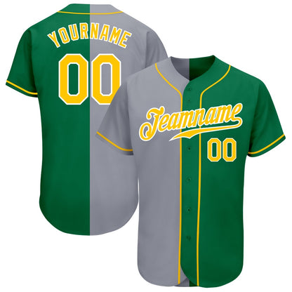 American Baseball Jersey, Custom Kelly Green Gold Gray Authentic Split Fashion Baseball Jersey, Baseball Jersey Name