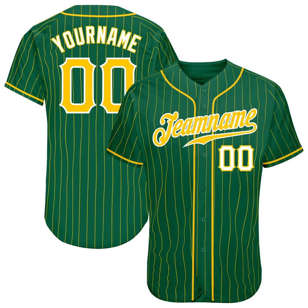 American Baseball Jersey, Custom Kelly Green Gold Pinstripe Gold White Authentic Baseball Jersey, Baseball Jersey Name