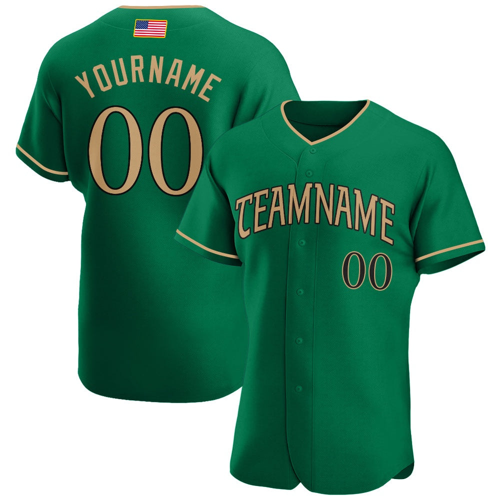 American Baseball Jersey, Custom Kelly Green Old Gold Black Authentic American Flag Fashion Baseball Jersey, Baseball Jersey Name