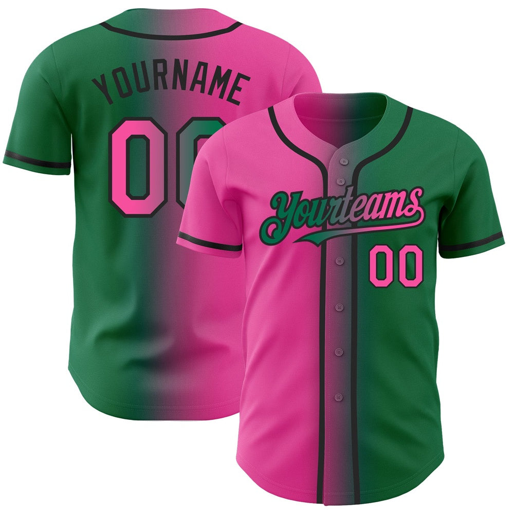 American Baseball Jersey, Custom Kelly Green Pink Black Authentic Gradient Fashion Baseball Jersey, Baseball Jersey Name