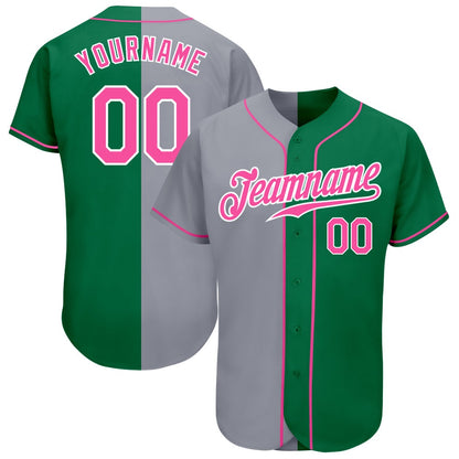 American Baseball Jersey, Custom Kelly Green Pink Gray Authentic Split Fashion Baseball Jersey, Baseball Jersey Name