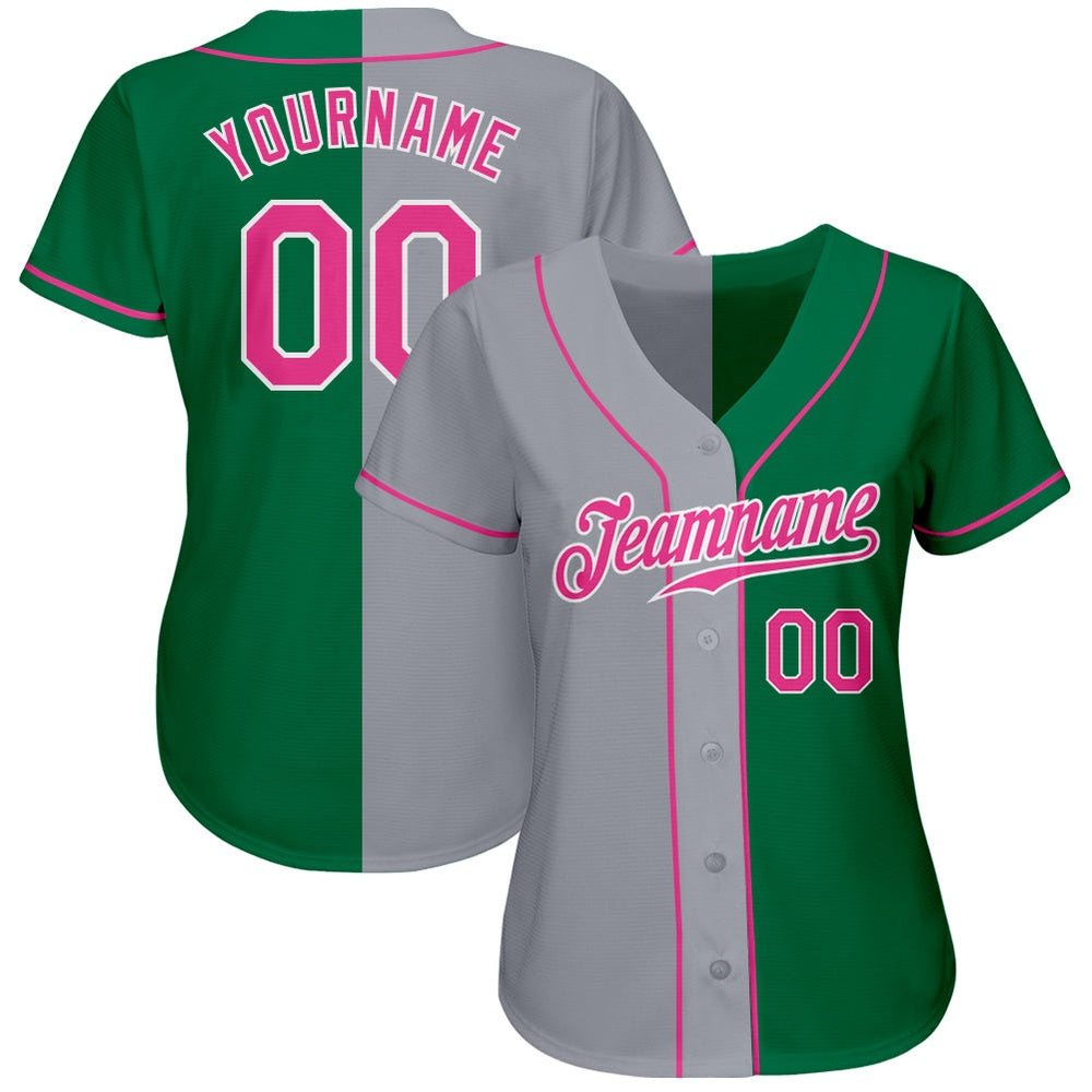 American Baseball Jersey, Custom Kelly Green Pink Gray Authentic Split Fashion Baseball Jersey, Baseball Jersey Name