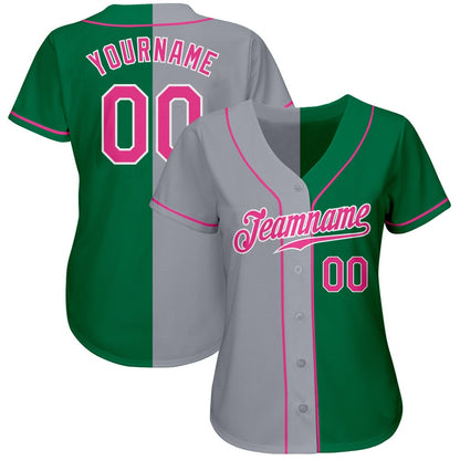 American Baseball Jersey, Custom Kelly Green Pink Gray Authentic Split Fashion Baseball Jersey, Baseball Jersey Name