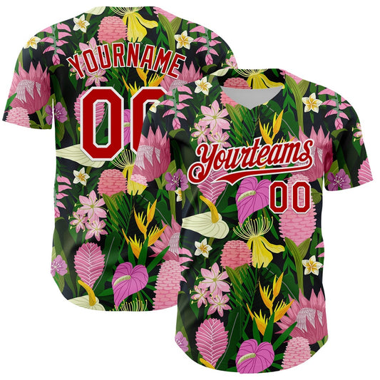 American Baseball Jersey, Custom Kelly Green Red White 3D Pattern Design Tropical Anthurium Flower Authentic Baseball Jersey