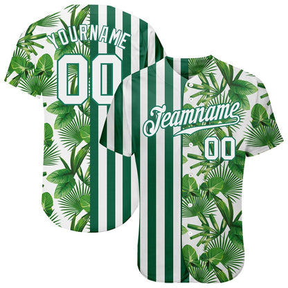 American Baseball Jersey, Custom Kelly Green White Kelly Green 3D Pattern Design Tropical Palm Leaves Authentic Baseball Jersey