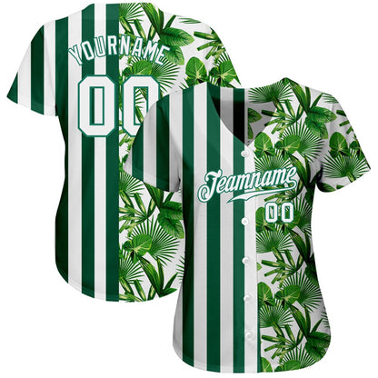 American Baseball Jersey, Custom Kelly Green White Kelly Green 3D Pattern Design Tropical Palm Leaves Authentic Baseball Jersey