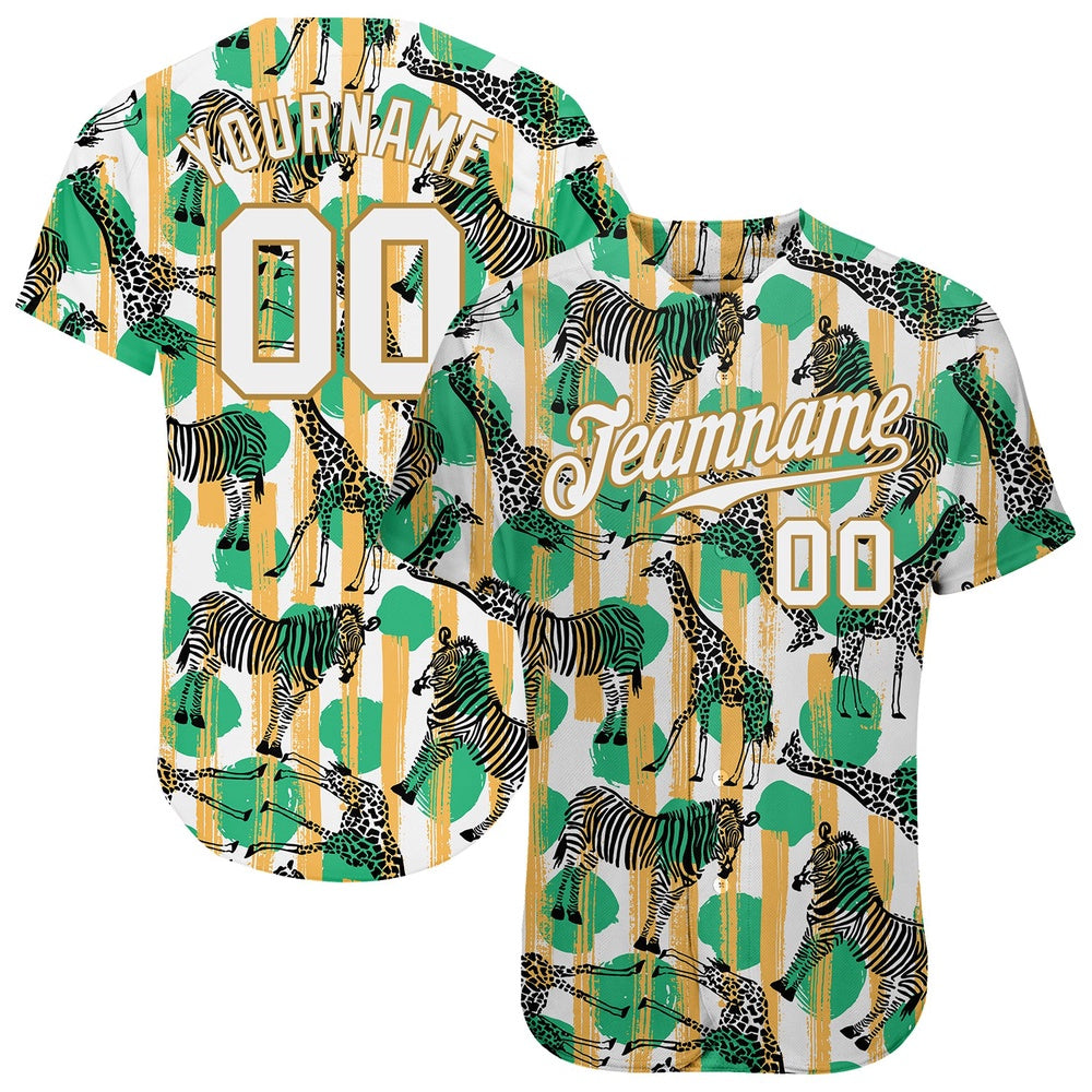 American Baseball Jersey, Custom Kelly Green White Old Gold 3D Pattern Design Zebras And Giraffes Authentic Baseball Jersey