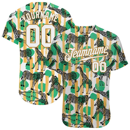 American Baseball Jersey, Custom Kelly Green White Old Gold 3D Pattern Design Zebras And Giraffes Authentic Baseball Jersey