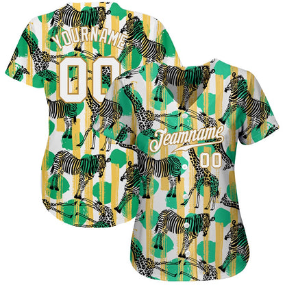 American Baseball Jersey, Custom Kelly Green White Old Gold 3D Pattern Design Zebras And Giraffes Authentic Baseball Jersey