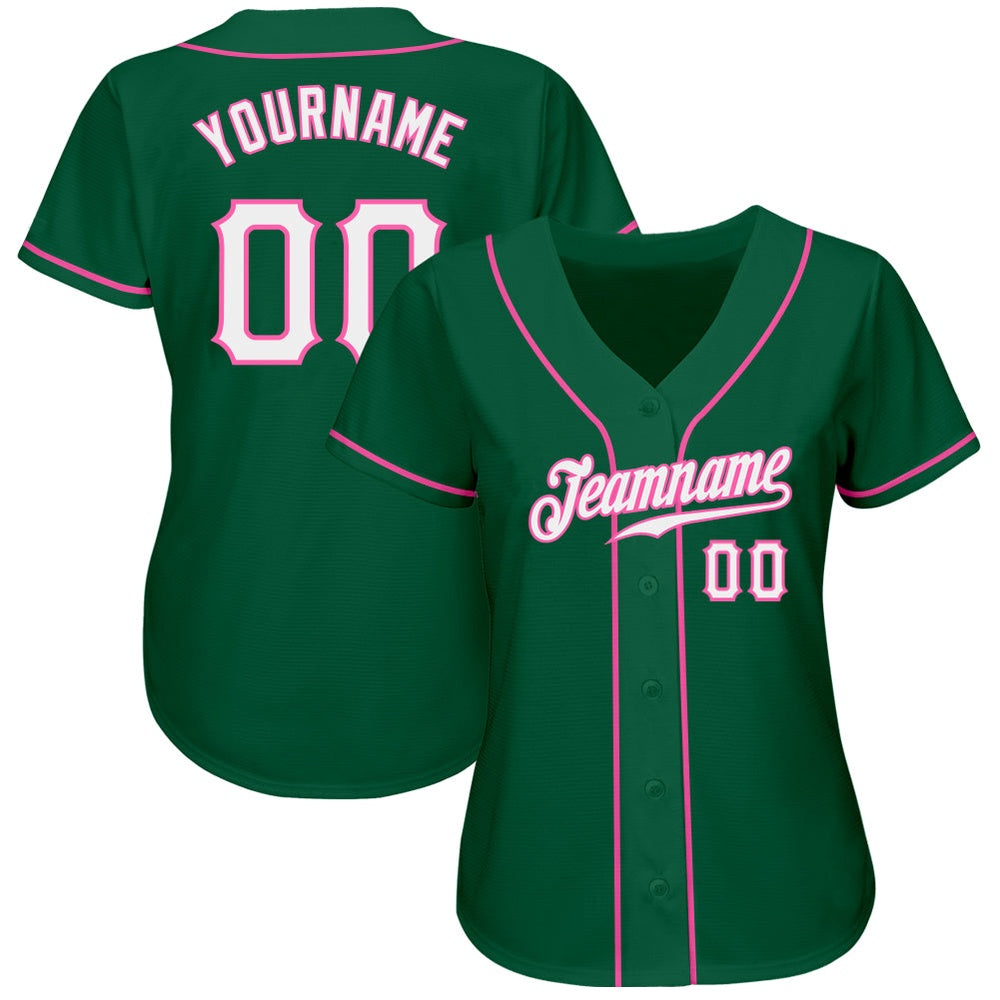 American Baseball Jersey, Custom Kelly Green White Pink Authentic Baseball Jersey, Baseball Jersey Name