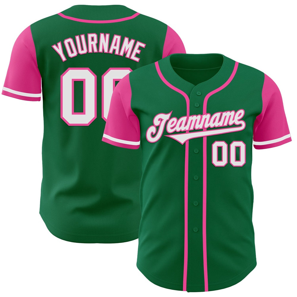 American Baseball Jersey, Custom Kelly Green White Pink Authentic Two Tone Baseball Jersey, Baseball Jersey Name