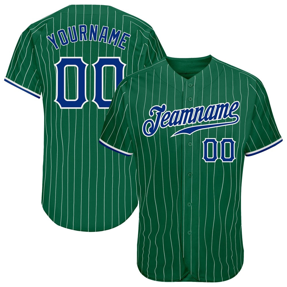 American Baseball Jersey, Custom Kelly Green White Pinstripe Royal White Authentic Baseball Jersey, Baseball Jersey Name