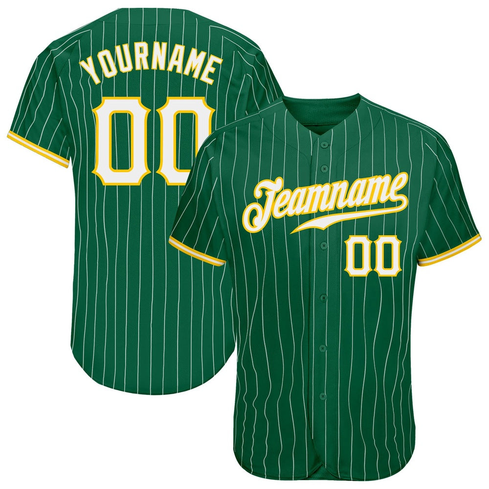 American Baseball Jersey, Custom Kelly Green White Pinstripe White Gold Authentic Baseball Jersey, Baseball Jersey Name