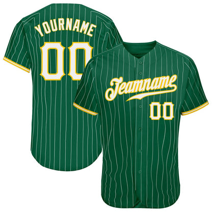 American Baseball Jersey, Custom Kelly Green White Pinstripe White Gold Authentic Baseball Jersey, Baseball Jersey Name