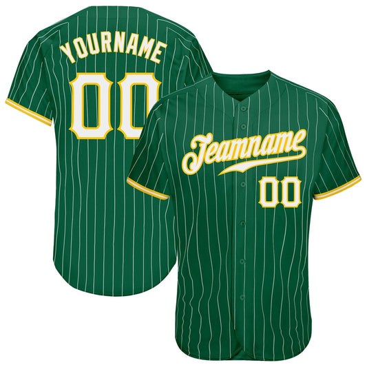 American Baseball Jersey, Custom Kelly Green White Pinstripe White Gold Authentic Baseball Jersey, Baseball Jersey Name