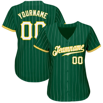 American Baseball Jersey, Custom Kelly Green White Pinstripe White Gold Authentic Baseball Jersey, Baseball Jersey Name