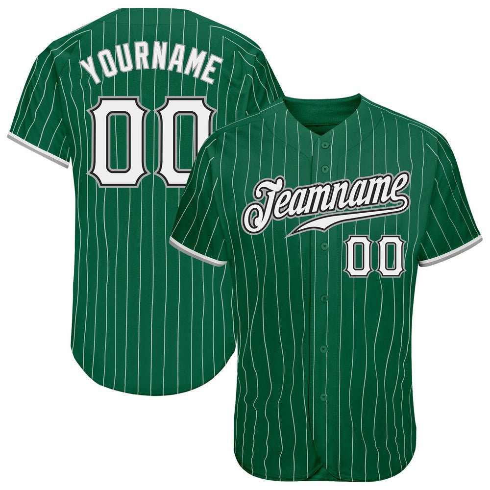 American Baseball Jersey, Custom Kelly Green White Pinstripe White Gray Authentic Baseball Jersey, Baseball Jersey Name