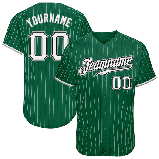American Baseball Jersey, Custom Kelly Green White Pinstripe White Gray Authentic Baseball Jersey, Baseball Jersey Name