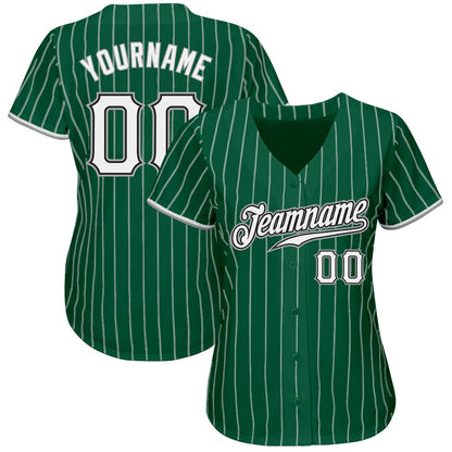 American Baseball Jersey, Custom Kelly Green White Pinstripe White Gray Authentic Baseball Jersey, Baseball Jersey Name