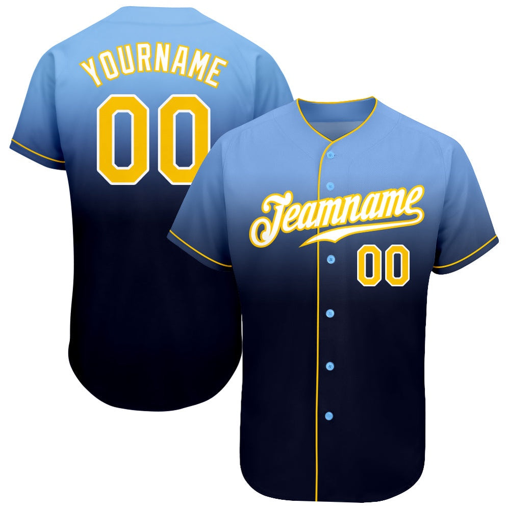 American Baseball Jersey, Custom Light Blue Gold Navy Authentic Fade Fashion Baseball Jersey, Baseball Jersey Name