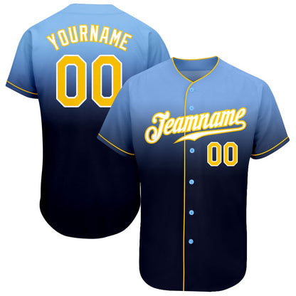 American Baseball Jersey, Custom Light Blue Gold Navy Authentic Fade Fashion Baseball Jersey, Baseball Jersey Name