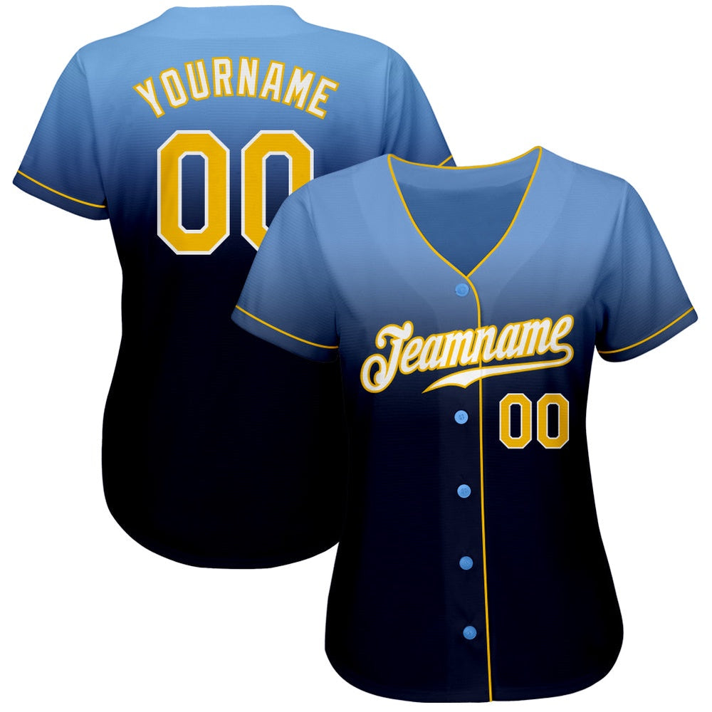 American Baseball Jersey, Custom Light Blue Gold Navy Authentic Fade Fashion Baseball Jersey, Baseball Jersey Name