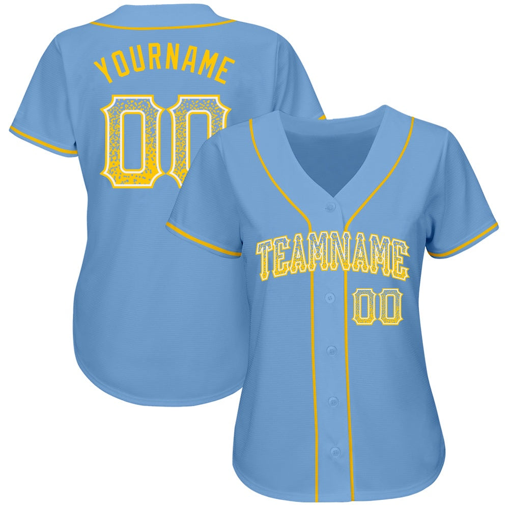 American Baseball Jersey, Custom Light Blue Gold White Authentic Drift Fashion Baseball Jersey, Baseball Jersey Name
