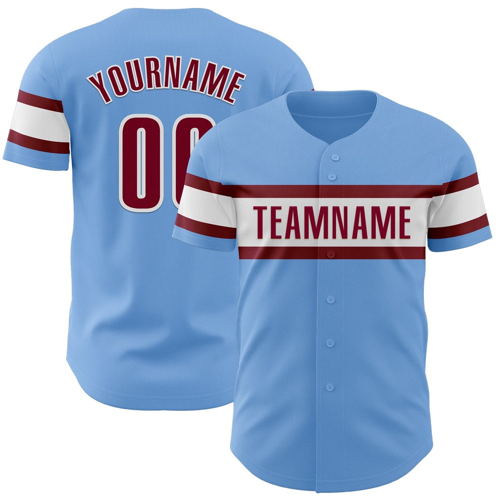 American Baseball Jersey, Custom Light Blue Maroon White Authentic Baseball Jersey, Baseball Jersey Name