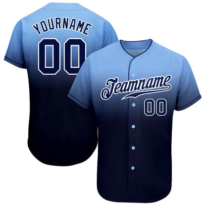 American Baseball Jersey, Custom Light Blue Navy White Authentic Fade Fashion Baseball Jersey, Baseball Jersey Name