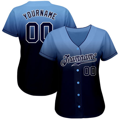 American Baseball Jersey, Custom Light Blue Navy White Authentic Fade Fashion Baseball Jersey, Baseball Jersey Name