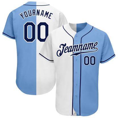 American Baseball Jersey, Custom Light Blue Navy White Authentic Split Fashion Baseball Jersey, Baseball Jersey Name