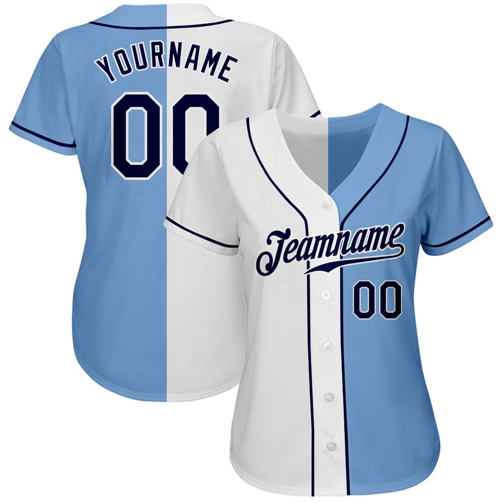 American Baseball Jersey, Custom Light Blue Navy White Authentic Split Fashion Baseball Jersey, Baseball Jersey Name