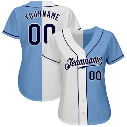 American Baseball Jersey, Custom Light Blue Navy White Authentic Split Fashion Baseball Jersey, Baseball Jersey Name