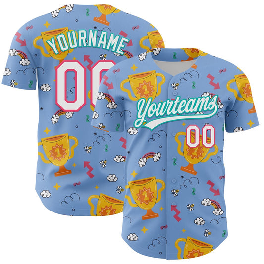 American Baseball Jersey, Custom Light Blue Neon Pink Aqua 3D Pattern Design Champion Trophy Authentic Baseball Jersey
