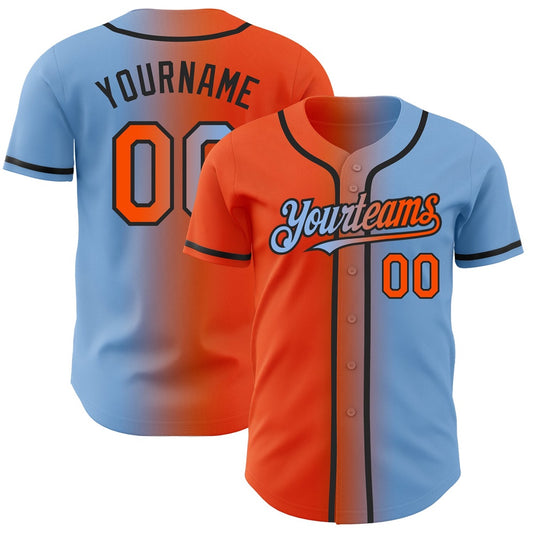 American Baseball Jersey, Custom Light Blue Orange Black Authentic Gradient Fashion Baseball Jersey, Baseball Jersey Name