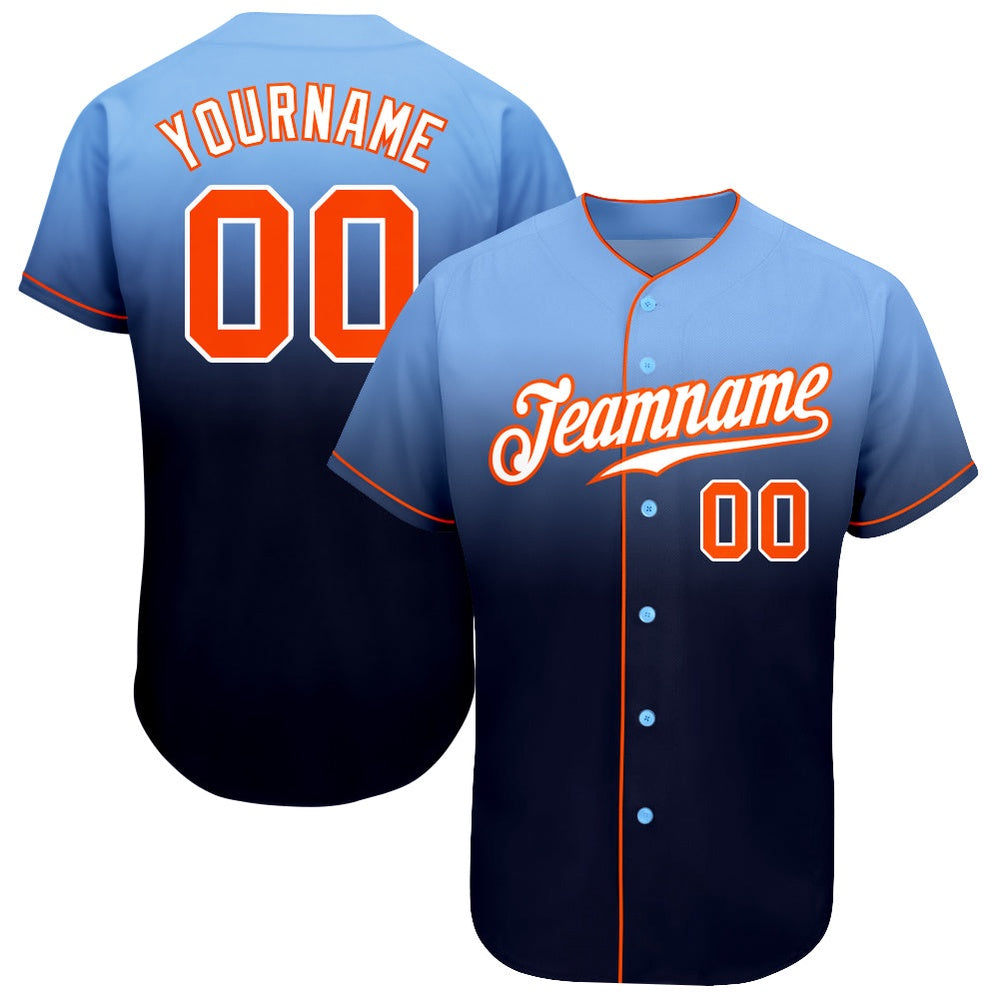 American Baseball Jersey, Custom Light Blue Orange Navy Authentic Fade Fashion Baseball Jersey, Baseball Jersey Name