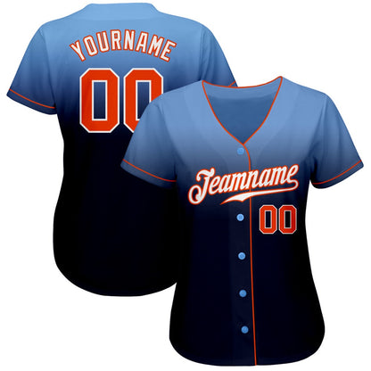 American Baseball Jersey, Custom Light Blue Orange Navy Authentic Fade Fashion Baseball Jersey, Baseball Jersey Name