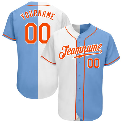 American Baseball Jersey, Custom Light Blue Orange White Authentic Split Fashion Baseball Jersey, Baseball Jersey Name