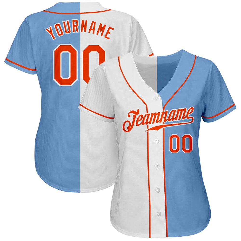 American Baseball Jersey, Custom Light Blue Orange White Authentic Split Fashion Baseball Jersey, Baseball Jersey Name