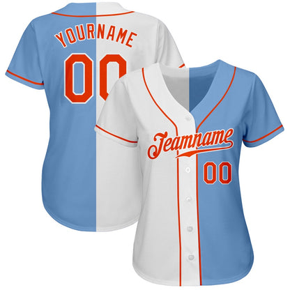 American Baseball Jersey, Custom Light Blue Orange White Authentic Split Fashion Baseball Jersey, Baseball Jersey Name