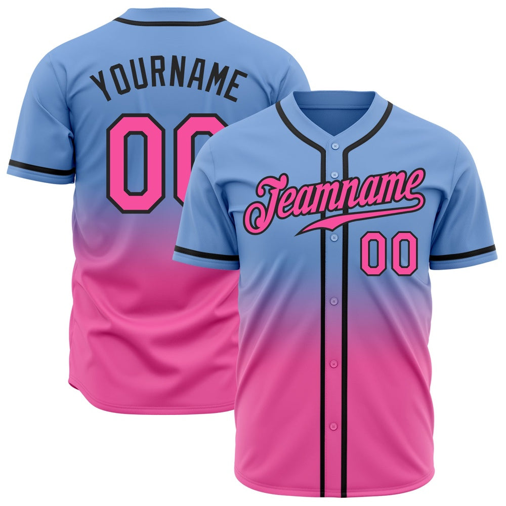 American Baseball Jersey, Custom Light Blue Pink Black Authentic Fade Fashion Baseball Jersey, Baseball Jersey Name