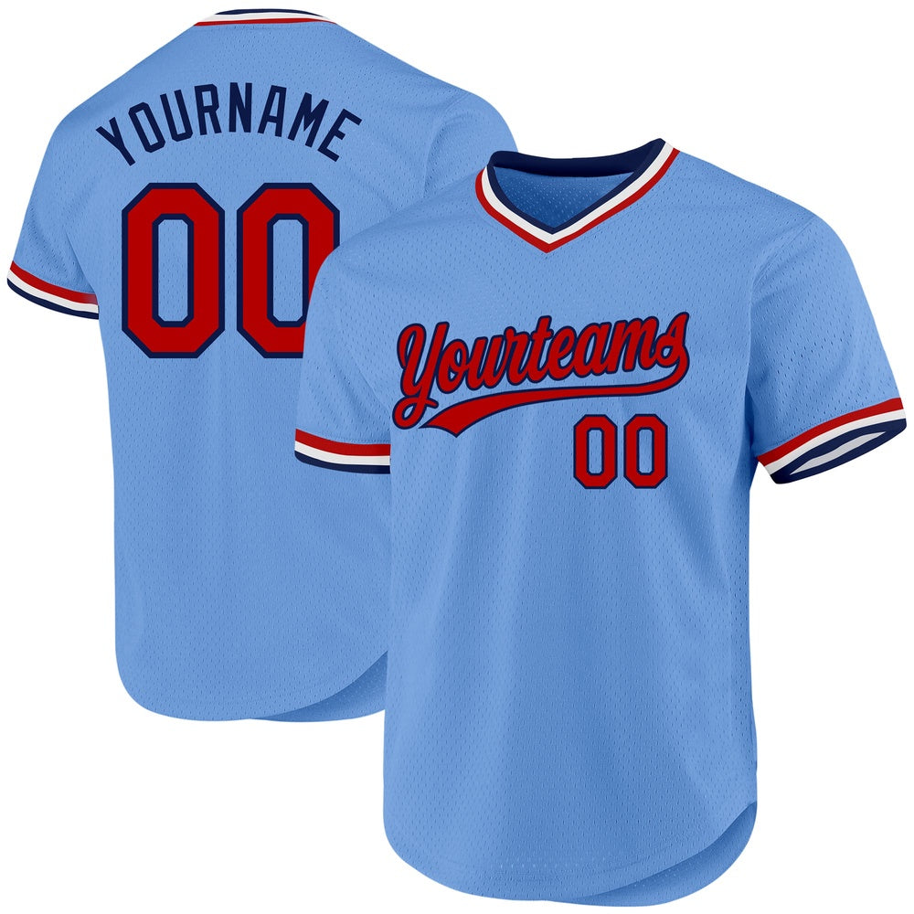 American Baseball Jersey, Custom Light Blue Red Navy Authentic Throwback Baseball Jersey, Baseball Jersey Name