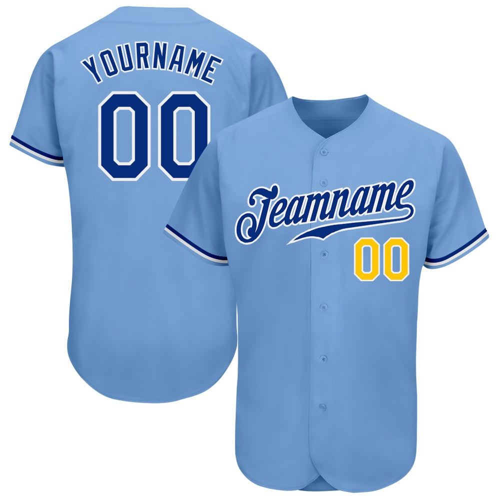 American Baseball Jersey, Custom Light Blue Royal Gold Authentic Baseball Jersey, Baseball Jersey Name