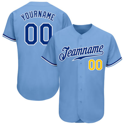 American Baseball Jersey, Custom Light Blue Royal Gold Authentic Baseball Jersey, Baseball Jersey Name
